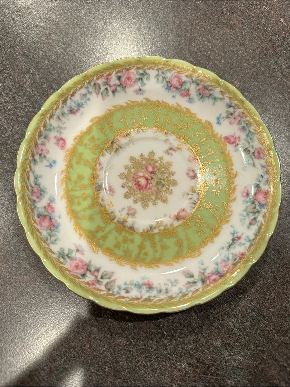 Haviland Porcelain Two-Handled Soup Cup and Saucer in Green, Pink and Gold